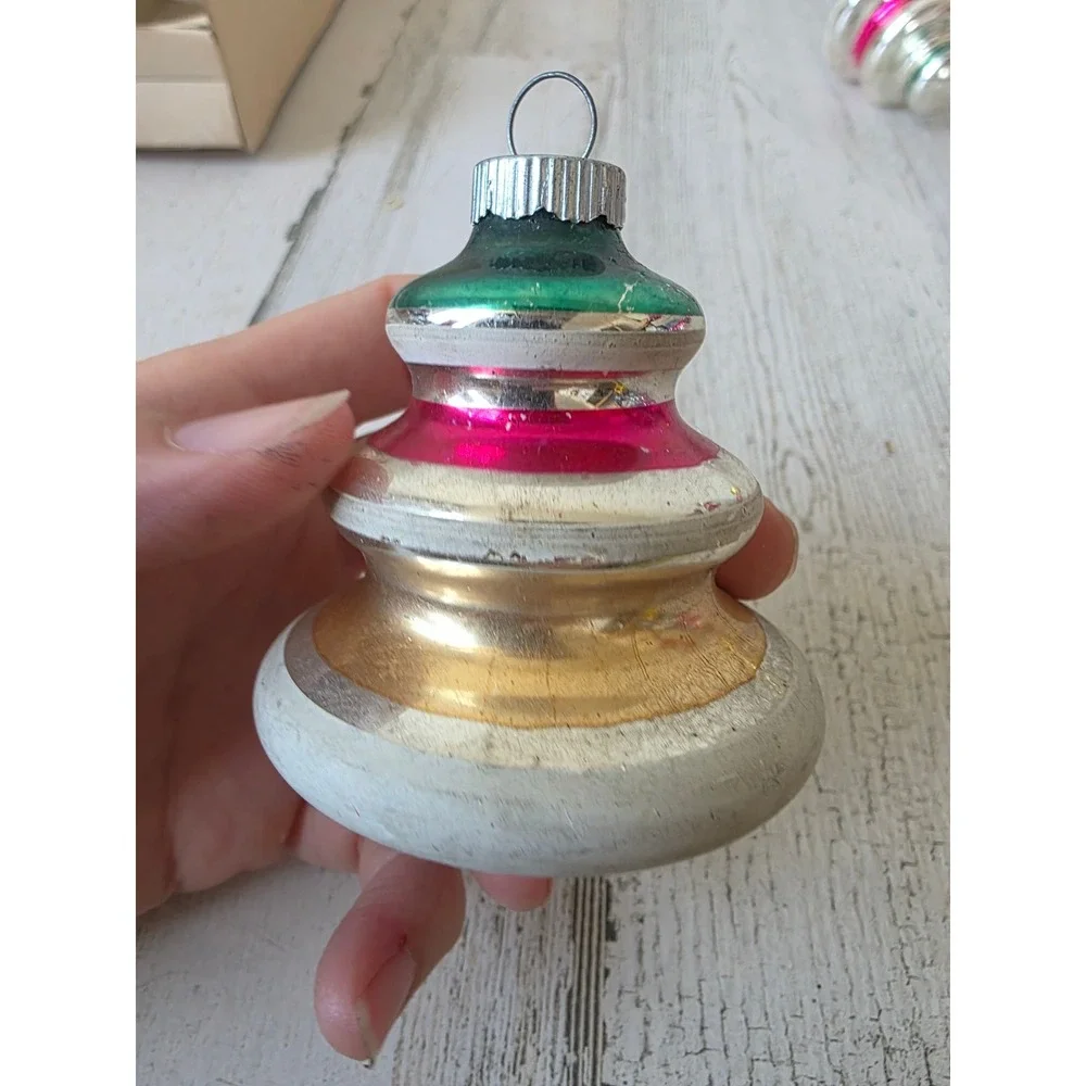 Vintage shiny Brite tree glass ornament striped Xmas copper orange red green